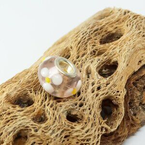 Pink Floral European Glass Charm Bead with Silver Core Center